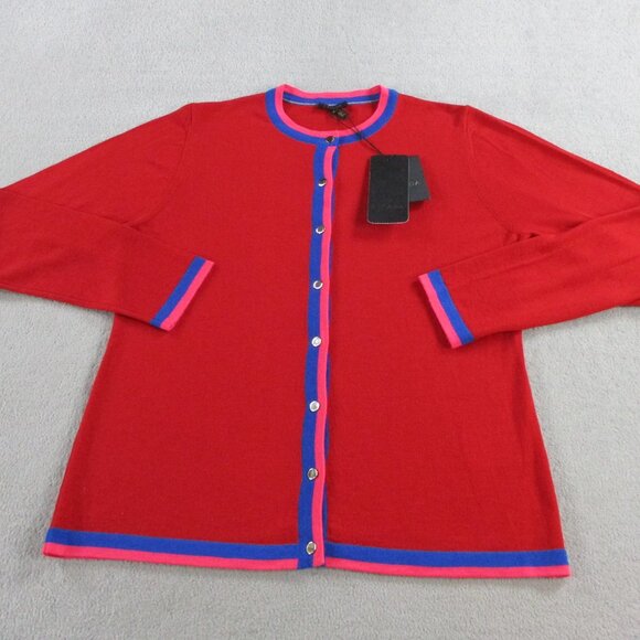 Escada Cardigan Sweater Womens Large Cherry Red Blue Pink Virgin Wool Button Up - Picture 1 of 11